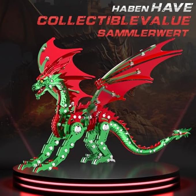 3D PUZZLES FOR ADULTS, METAL DINOSAUR PUZZLE BUILDING SET, COLLECTIBLE MECHANICAL ENGINEERING CRAFTS FOR HOME OFFICE DECORATION & GIFT (RED-GREEN) - Image 2